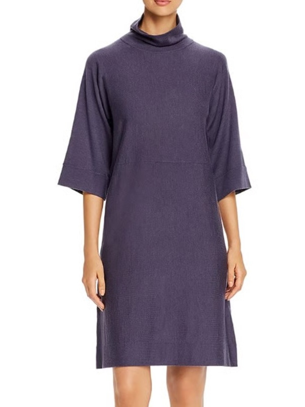 NWT  Eileen Fisher Merino Wool Purple Ribbed Mockneck Sweater Dress Blue Shale L
